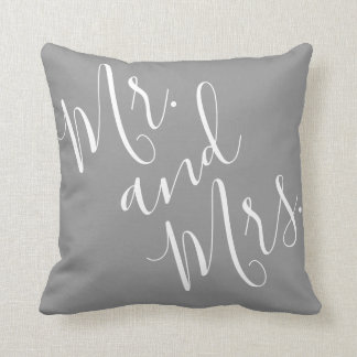Mr. and Mrs. Elegant Calligraphy Grey White Script Throw Pillow