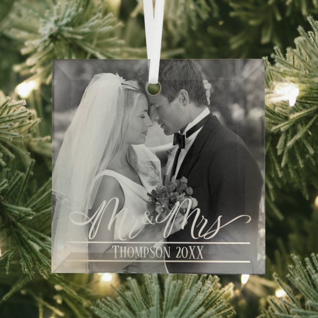  Mr. and Mrs. Elegant Christmas Photo Personalized Glass Ornament (Insitu)
