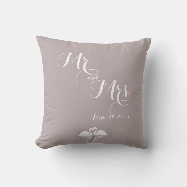 Mr. and Mrs. Elegant Grey Wedding Pillows Swans (Front)