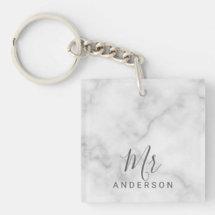 Mr and Mrs   Elegant Marble Modern Script Wedding Keychain
