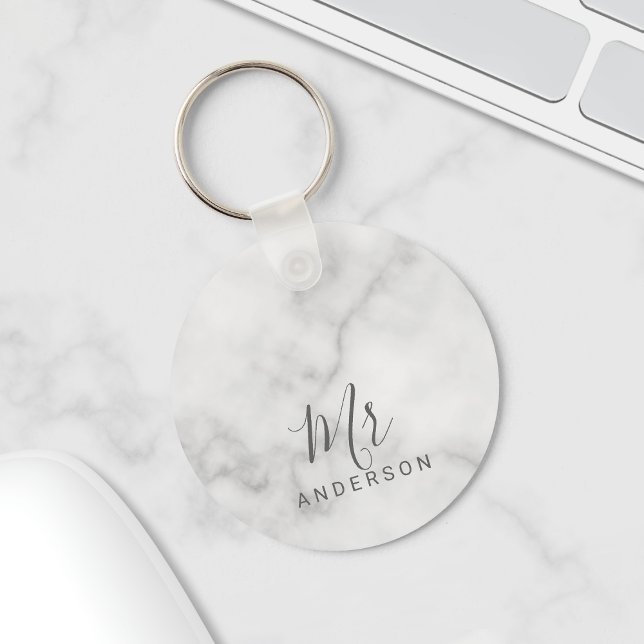 Mr and Mrs | Elegant Marble Modern Script Wedding Keychain (Creator Uploaded)