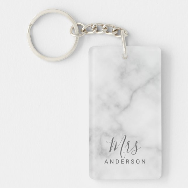 Mr and Mrs | Elegant Marble Modern Script Wedding Keychain (Front)