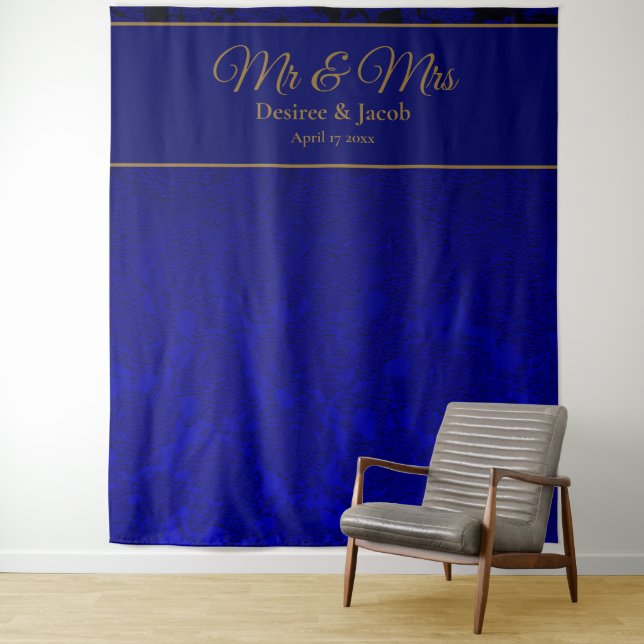 Mr And Mrs Elegant Navy Blue Gold Floral Backdrop Tapestry (In Situ)