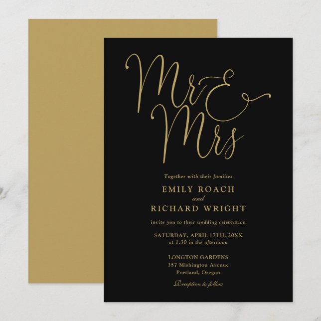 Mr And Mrs Elegant Script Black And Gold Wedding Invitation (Front/Back)