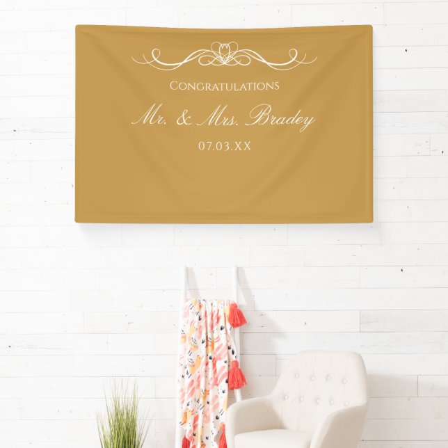 Mr and Mrs Elegant Script Gold Wedding Backdrop Banner (Insitu)