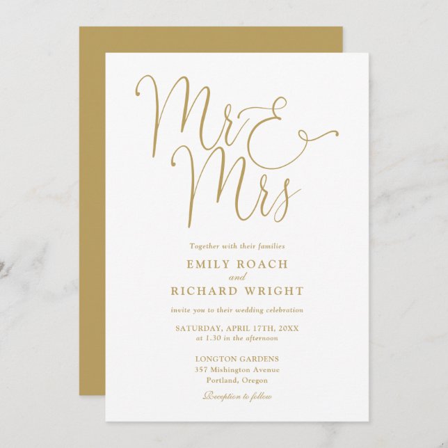 Mr And Mrs Elegant Script Gold Wedding Invitation (Front/Back)