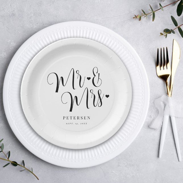 Mr and Mrs elegant script simple wedding  Paper Plate (Creator Uploaded)