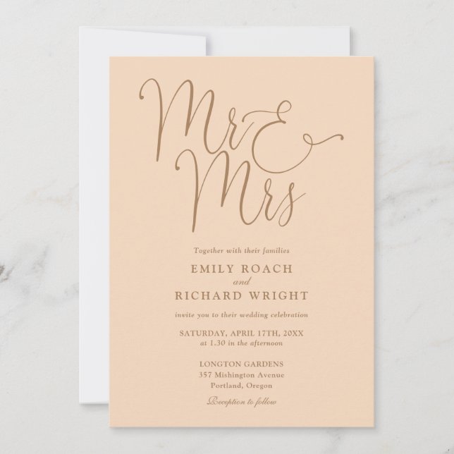 Mr And Mrs Elegant Script Soft Peach Wedding Invitation (Front)