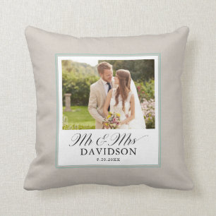 Mr and Mrs Elegant Script Teal Photo Newlywed Throw Pillow