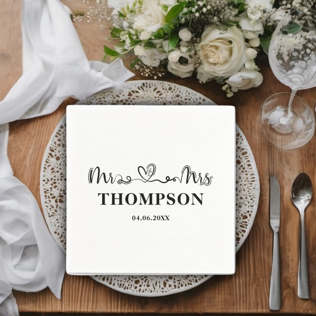 Mr and Mrs Elegant Simple | Black & White Napkin (Creator Uploaded)