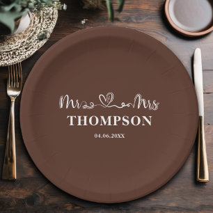 Mr and Mrs Elegant Simple Brown Paper Plate