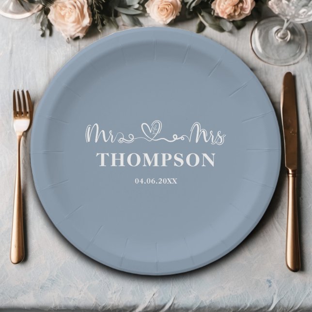 Mr and Mrs Elegant Simple | Dusty Blue Paper Plate (Creator Uploaded)