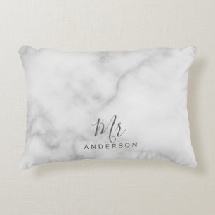 Mr and Mrs   Elegant White Marble Modern Script Accent Pillow
