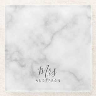 Mr and Mrs   Elegant White Marble Modern Script Glass Coaster