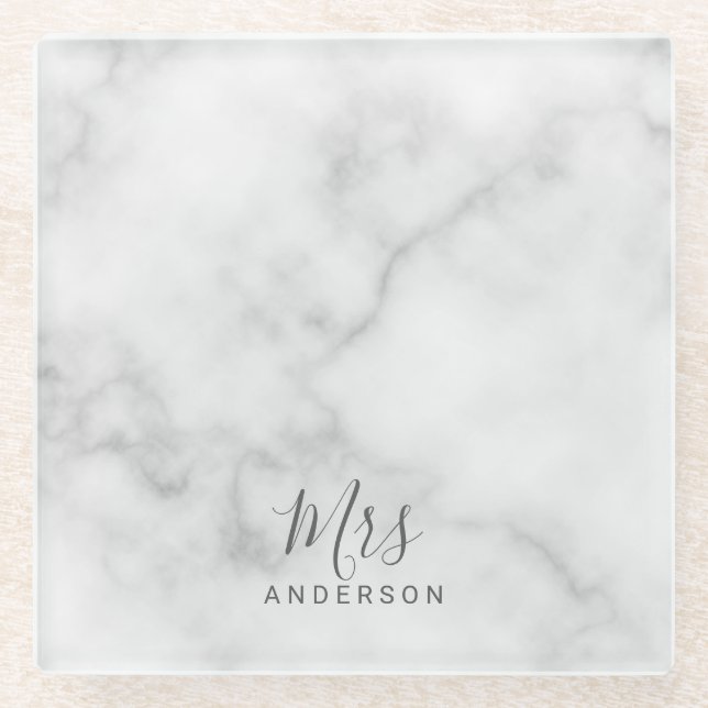 Mr and Mrs | Elegant White Marble Modern Script Glass Coaster (Front)