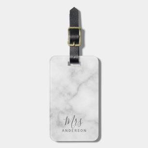 Mr and Mrs   Elegant White Marble Modern Script Luggage Tag