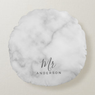 Mr and Mrs   Elegant White Marble Modern Script Round Pillow