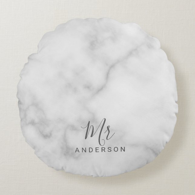 Mr and Mrs | Elegant White Marble Modern Script Round Pillow (Front)
