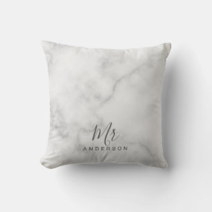 Mr and Mrs   Elegant White Marble Modern Script Throw Pillow