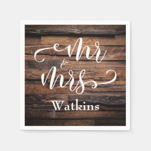 "Mr and Mrs" Elegant White Script on Dark Wood Napkin