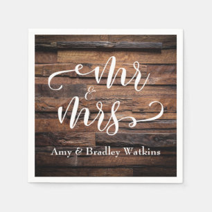 "Mr and Mrs" Elegant White Script on Dark Wood Napkin