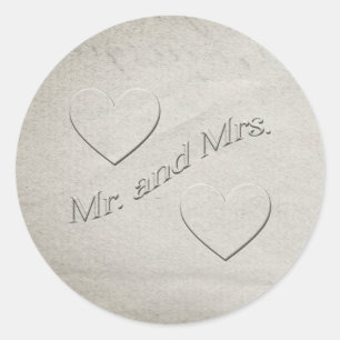 Mr and Mrs Embossed Design with Hearts  Classic Round Sticker