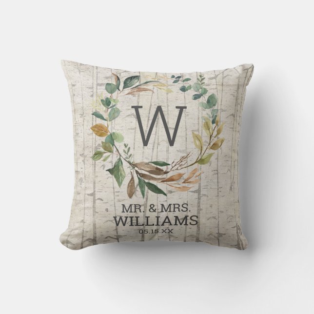 Mr. and Mrs. Eucalyptus Greenery Monogram Wedding Throw Pillow (Front)