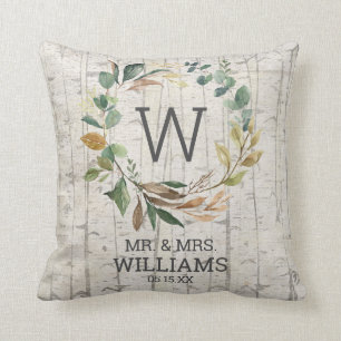 Mr. and Mrs. Eucalyptus Greenery Monogram Wedding Throw Pillow