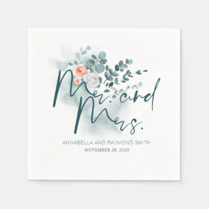 Mr and Mrs Eucalyptus Typography Watercolor Napkin