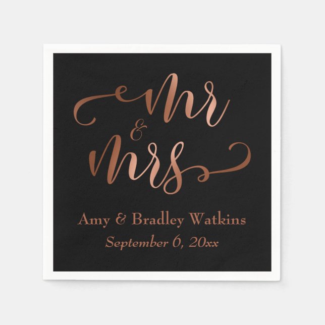 "Mr and Mrs" Faux Copper Script on Black, Wedding Napkin (Front)