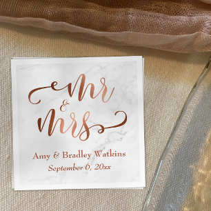 "Mr and Mrs" Faux Copper Script over White Marble Napkin