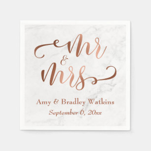 "Mr and Mrs" Faux Copper Script over White Marble Napkin