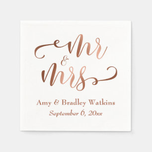 "Mr and Mrs" Faux Copper Typography Wedding Napkin