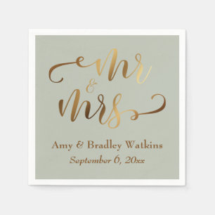 "Mr and Mrs" Faux Gold Foil Script on Sage Green Napkin