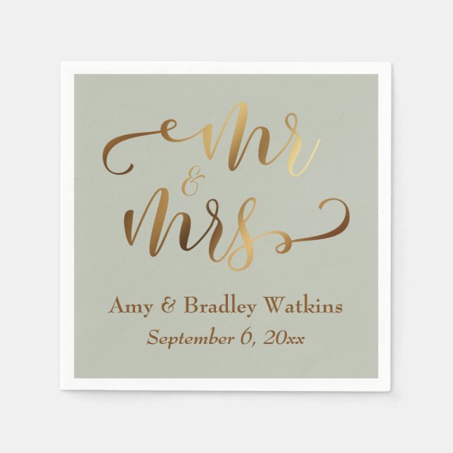 "Mr and Mrs" Faux Gold Foil Script on Sage Green Napkin (Front)