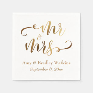 "Mr and Mrs" Faux Gold Foil Script on White Napkin