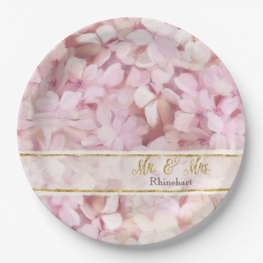 Mr. and Mrs. Faux Gold Glitter Pink Hydrangeas Paper Plate