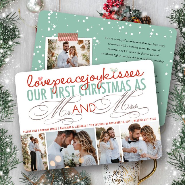 Mr And Mrs First Christmas Photo Collage Wedding Holiday Card (Love Peace Joy Kisses Mr And Mrs First Christmas 4 Photo Collage Wedding Holiday Card @ fat_fa_tin)