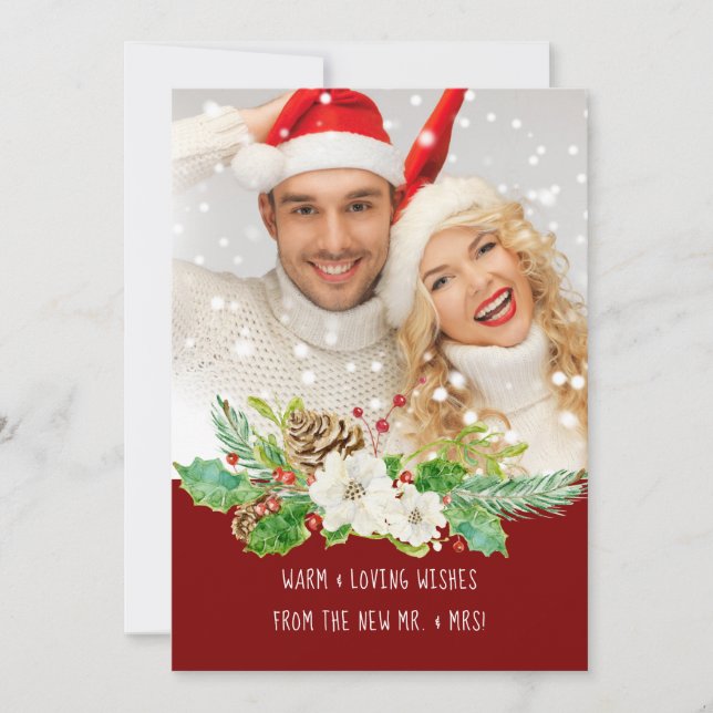 Mr and Mrs First Christmas Red Burgundy Gold Photo Holiday Card (Front)