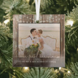 Mr and Mrs First Christmas Rustic Wood and Lights  Glass Ornament<br><div class="desc">Mr and Mrs First Christmas Rustic Wood and Lights - Your beautiful photo is featured on our rustic country ornament. Your beautiful photo is surrounded by weathered barn wood with twinkle lights hanging overhead. Custom ornament is personalized with names and year, a very special keepsake. You'll remember your first Christmas...</div>