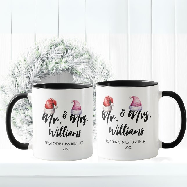 Mr and Mrs First Christmas Together Mug (Mr and Mrs Name First Christmas together, year. Mr with a red Santa hat, Mrs with a pink Santa hat)