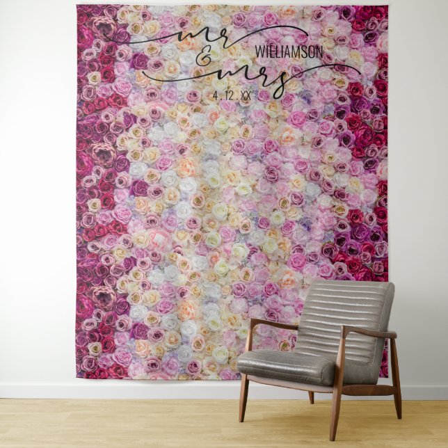 Mr. and Mrs. Floral Roses Wedding Backdrop Tapestry (In Situ)