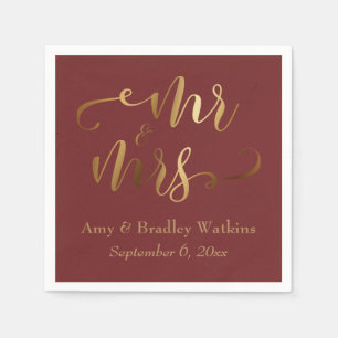 "Mr and Mrs" Gold Calligraphy on Burgundy Napkin