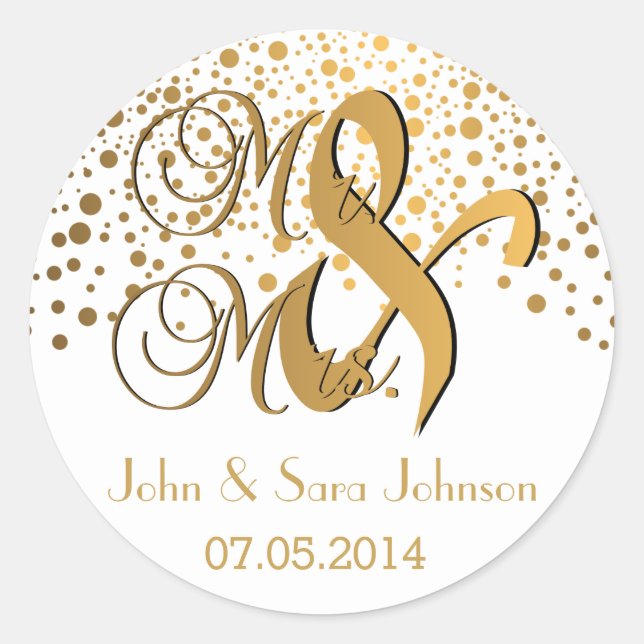 Mr and Mrs | Gold Dots | Wedding| Personalize Classic Round Sticker (Front)