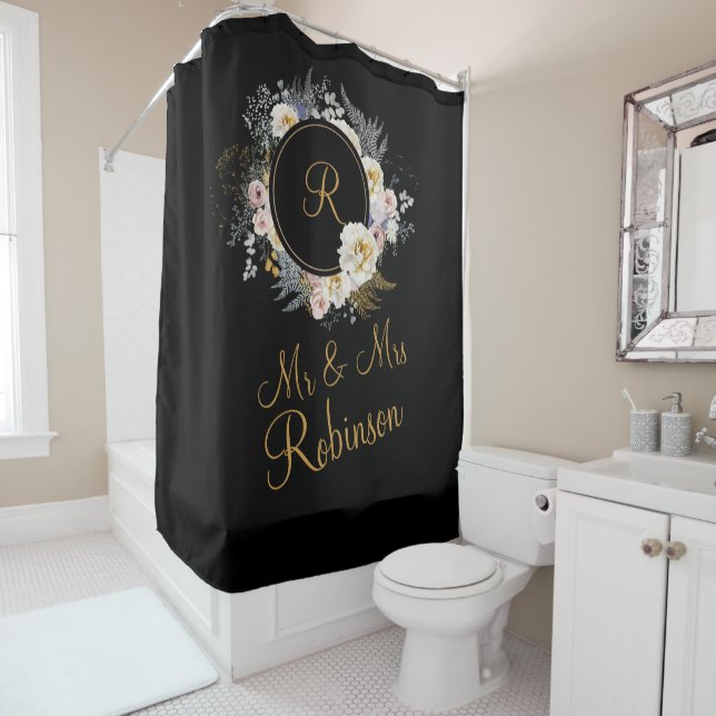 Mr and Mrs Gold Floral On Black Monogram Wedding (In Situ)