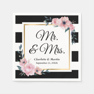 Mr and Mrs Gold Frame Black White Floral Wedding Napkin