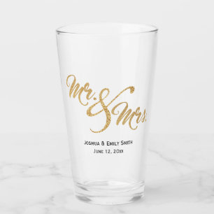 Mr and Mrs Gold Glitter Wedding Favour Gift Glass