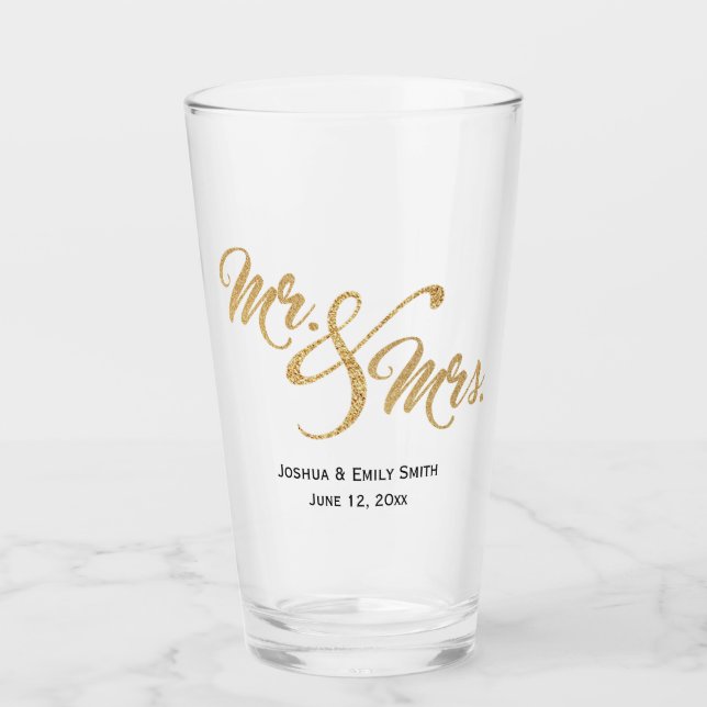 Mr and Mrs Gold Glitter Wedding Favour Gift Glass (Front)