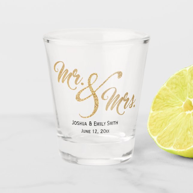 Mr and Mrs Gold Glitter Wedding Favour Gift Shot Glass (Front)