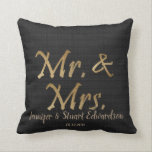Mr and Mrs Gold script black burlap Wedding Throw Pillow<br><div class="desc">Wonderful wedding gift,  luxury gold letters,  Mr and Mrs script on black burlap pillow.
You can add your own names and date.
If you need help please contact me at pixelshoot3@gmail.com</div>
